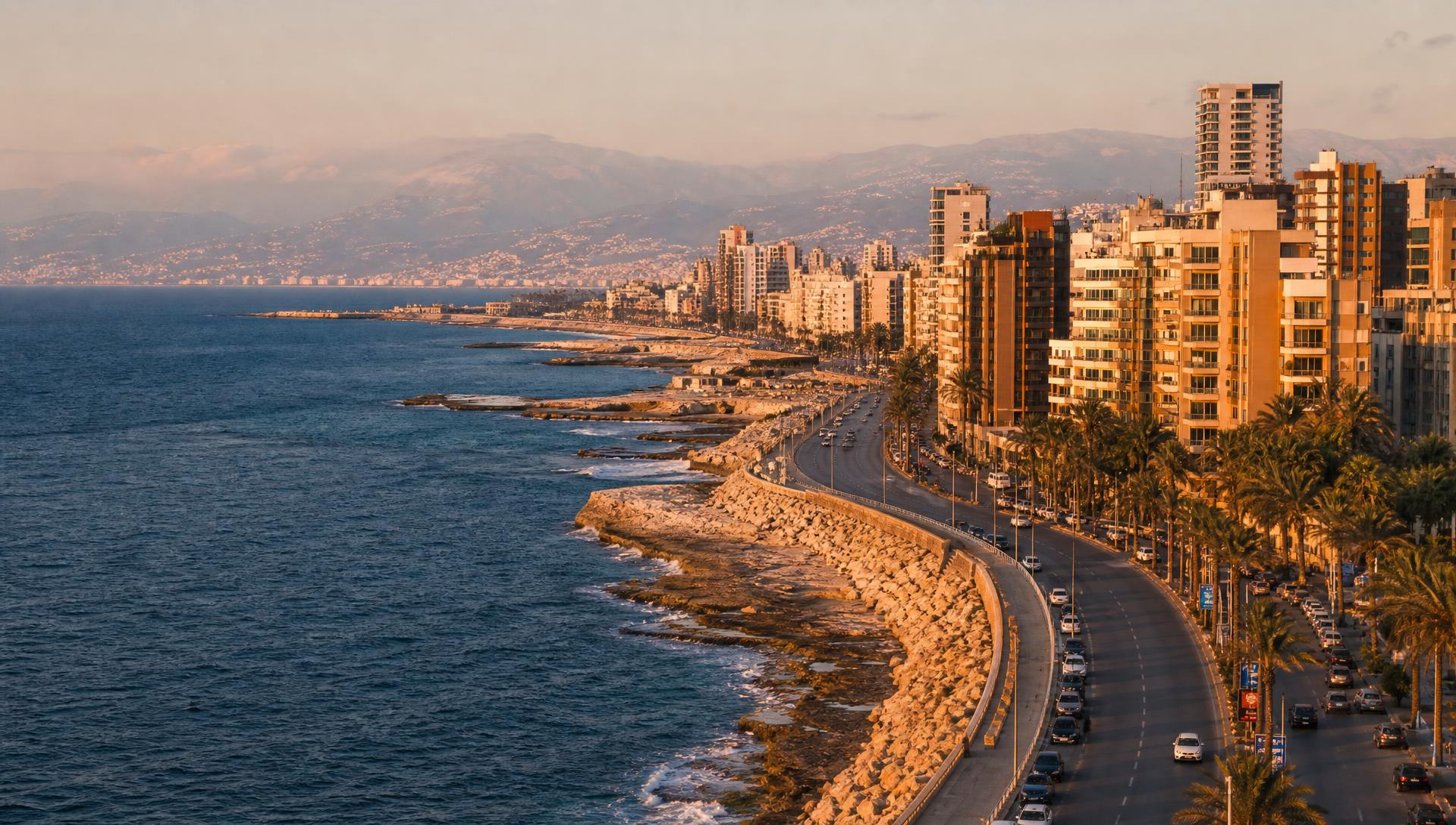 Golden-hour view over the Beirut coastline from a luxury terrace